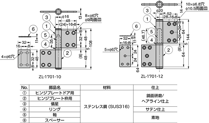 スガツネ「Zwei L(ツヴァイル)」ZL-1701型 寸法図
