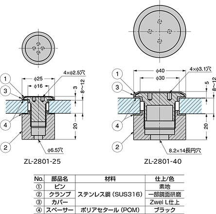 スガツネ「Zwei L(ツヴァイル)」ZL-2801型 寸法図